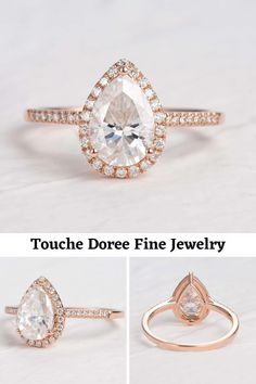 three different views of a rose cut diamond ring with the words touche doree fine jewelry