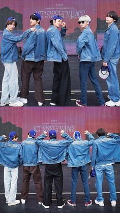 the group of young men are wearing denim jackets and jeans on their shoulders, facing each other in different directions