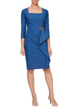 Be the topic of cocktail conversation in a chic sheath dress accented with bejeweled bauble and a rippling ruffle. 40" length (size 8) Hidden back-zip closure Square neck Three-quarter sleeves Partially lined 78% nylon, 22% spandex Hand wash, dry flat Imported Elegant Formal Mother Of The Bride Dress With Ruffles, Elegant Mother Of The Bride Dress With Ruffles, Chic Mother Of The Bride Dress For Formal Occasion, Elegant Embellished Dress With Asymmetrical Neckline, Chic Fitted Mother Of The Bride Dress, Elegant Fitted Cocktail Dress For Mother Of The Bride, Chic Formal Knee-length Mother Of The Bride Dress, Elegant Fitted Mother Of The Bride Holiday Dress, Elegant Embellished Dresses For Work