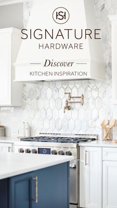 a kitchen with white cabinets and marble counter tops, the words signature hardware is above it