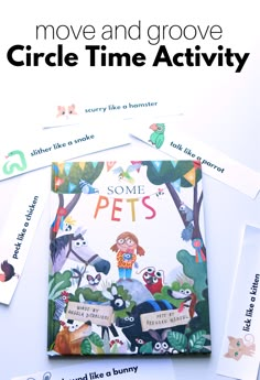 the book cover for move and grove circle time activity is surrounded by stickers, cards, and magnets