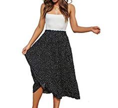 Relipop Women's Flared Skirt High Elastic Waist Polka Dot Pleated Midi Vintage Skirt Black at Amazon Women’s Clothing store Long Chiffon Skirt, Long Skirt Summer, Modest Summer, Elastic Waist Skirt, Sewing Design, Cute Outfit Ideas