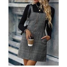 Tartan Plaid O Ring Zipper Overall Dress Without Tee. This Listing Is For The First Color. Other Color Listed Separately. Plaid Dress Outfit, Plaid Overall Dress, Tartan Dress, Short Dresses Casual, Pinafore Dress, Long Sleeve Shirt Dress, Overall Dress, Dress Outfit, Dressy Casual