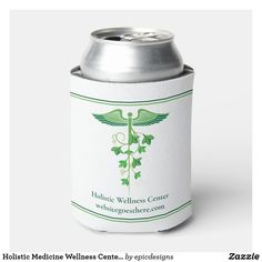 a can cooler with a medical symbol on the front and side, it is white in color