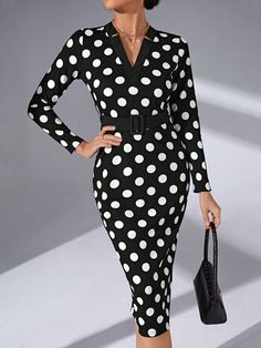 Black Elegant Collar Long Sleeve Knitted Fabric Polka Dot Fitted Embellished Medium Stretch  Women Clothing Spotted Dress, Satin Evening Dresses, Dress Shoe, Women Midi, Mermaid Dresses, Polka Dot Print, Dot Dress, Dot Print