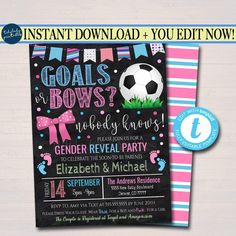 Goals or Bows Gender Reveal Invitation, Team Blue or Team Pink Summer Soccer Backyard Baby-Q BBQ, Coed Couples Shower, EDITABLE TEMPLATE Soccer Backyard, Summer Soccer, Bows Gender Reveal, Bow Gender Reveal, Gender Reveal Party Invitations, Team Pink, Baby Q