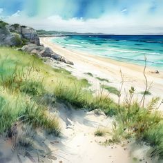 watercolor painting of beach scene with grass and rocks