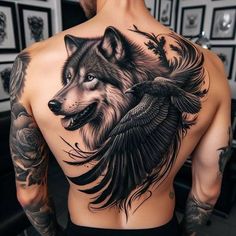 a man with tattoos on his back has a wolf and bird tattoo on his chest