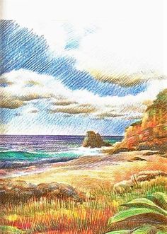 a drawing of a beach with grass and rocks