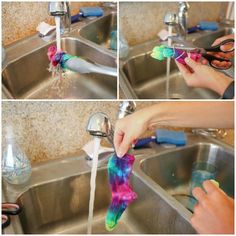 four pictures of someone washing their hands in the kitchen sink with colorful socks on them