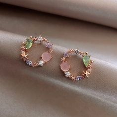 Round Crystal Floral Earrings With Pink And Green Stones. In Original Packaging. Sea Earrings, Pink Crystal Earrings, Ocean Earrings, Starfish Earrings, Gem Earrings, Alloy Earrings, Earrings Elegant, Crystal Stud Earrings, Affordable Jewelry