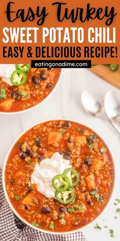 two bowls of easy turkey sweet potato chili