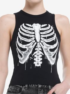 You'll fall in love with this tank  bones and all! This muscle tank top features a spray paint-inspired rib cage design with drippy detailing.95% cotton; 5% spandexWash cold; dry lowLength: 18''ImportedListed in junior sizesModel is 5'10''Model wears size Small Social Collision, Apocalypse Au, Bones And All, Alt Clothes, 2024 Wishlist, Punk Clothing, Future Wardrobe, Muscle Tank Top, Ribbed Shirt