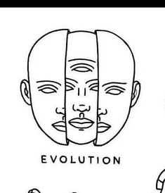 four different faces with the words evolution written on them in black and white, including two men's heads