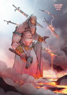 an image of a man with two swords in his hand, standing on fire and surrounded by clouds