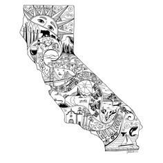 a black and white drawing of the state of california with many different things on it