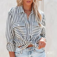 Nine-quarter Sleeve Loose Striped Shirt Blouse Top 100% Polyester Fabric is soft lightweight and comfy Striped, V neck, loose fit Casual style for daily wear Season: Spring/Summer/Fall