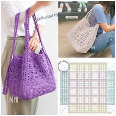 a woman holding a purple crocheted bag next to another photo and the pattern