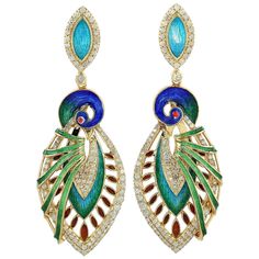 These beautiful peacock earrings features unique hand painted miniature art set in 18K gold, sterling silver and 1.7 carats of sparkling diamonds. FOLLOW MEGHNA JEWELS storefront to view the latest collection & exclusive pieces. Meghna Jewels is proudly rated as a Top Seller on 1stDibs with 5 star customer reviews. All items manufactured by us are handmade and can be customized or redesigned. Composition Size-52X19 MM Total Weight-14.07 Gold Weight(Gms)-1.249 Silver Weight(Gms)-12.341 Diamond Wt Elegant Enamel Jewelry With Meenakari, Elegant Earrings With Peacock Design For Gift, Elegant Peacock Design Earrings As Gift, Elegant Peacock Colored Earrings For Wedding, Elegant Peacock Earrings For Wedding, Formal Peacock Design Drop Earrings, Elegant Peacock-colored Earrings As A Gift, Elegant Peacock-colored Earrings For Gift, Elegant Peacock Colored Earrings For Gift