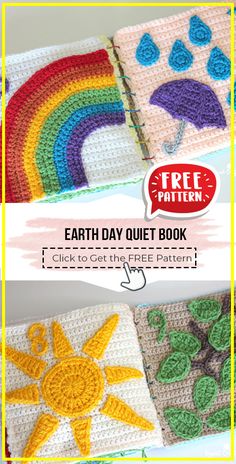 two crocheted books with the title earth day quiet book