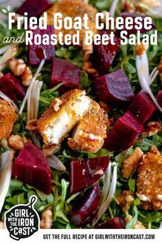 a salad with beets, carrots and goat cheese on top is featured in this post