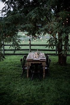 an outdoor table set up for dinner in the grass with lights strung from trees over it