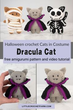 three crocheted cats in costumes with text that reads, halloween crochet cats in costume free amigurmi pattern and video tutorial