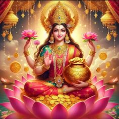 the hindu goddess sitting on top of a lotus with her pot and flowers in front of her