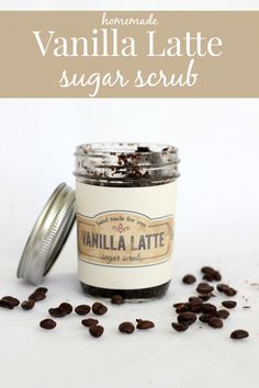 vanilla latte sugar scrub in a jar with coffee beans