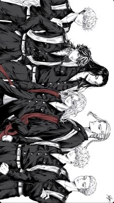 an image of some anime characters in black and white outfits with red accents on their faces