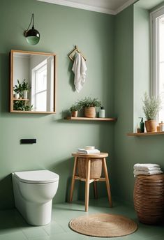 a bathroom with green walls and flooring next to a white toilet in the corner