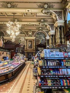 the inside of a grocery store filled with lots of food