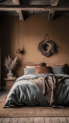 a large bed sitting in a bedroom on top of a wooden floor