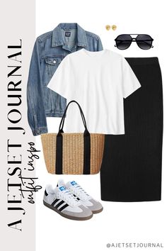 Discover how to transform your classic outfit into a wardrobe staple perfect for any casual summer situation with this Jetset Journal guide. Master the art of effortless, timeless style that will have you turning heads all season long. Don't let the heat wave get the best of your fashion game - dive into our collection of easy, versatile looks that will elevate your everyday wardrobe! Late Summer Outfit Ideas, Black Midi Skirt Outfit Spring, Sneaker Skirt Outfit, Casual Black Skirt Outfit, Black Midi Skirt Outfit, Regular Outfits, Knit Skirt Outfit, Samba Outfits, Journal Guide