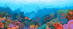 an underwater scene with colorful corals and seaweed