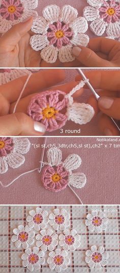 crocheted flowers are being worked on by someone using yarn to make them look like they