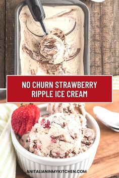 no churn strawberry ripple ice cream in a white bowl