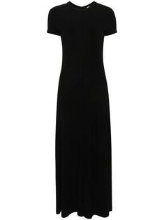 black stretch-jersey vertical seamed round neck short sleeves flared skirt ankle-length straight hem unlined concealed rear hook and zip fastening Black Short Sleeve Maxi Dress With Side Slits, Black Maxi Dress With Side Slits And Short Sleeves, Short Sleeve Elastane Evening Dresses, Evening Dresses With Short Sleeves In Elastane, Black Short Sleeve Maxi Dress For Work, Elastane Maxi Dress With Flattering Silhouette, Flattering Elastane Maxi Dress, Short Sleeve Maxi Dress With Side Slits For Evening, Formal Short Sleeve Stretch Maxi Dress