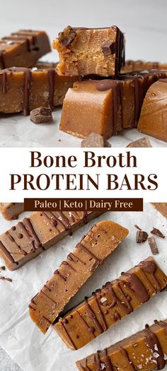 chocolate peanut butter protein bar with text overlay that reads, bone broth protein bars pale keto dairy free