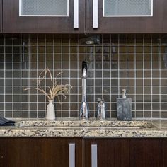 a kitchen counter top with two vases on it and some plants in the middle