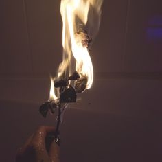 a hand holding a lit match with flames coming out of it's top end