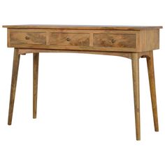 a wooden desk with two drawers on one side and an open drawer on the other