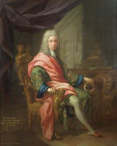 a painting of a man sitting in a chair with a pink scarf on his lap