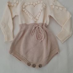 New !! Knitted Girl Romper Heart Outfit Size : 6-12 M Color Tan + Beige Never Used!! Cute Beige Soft Knit Sweater, Fitted Cream Cute Sweater, Cute Fitted Cream Sweater, Cute Cream Knitted Sweater, Baseball Onesie, Heart Outfit, Spearmint Baby, Steelers Baby, Bunny Onesie