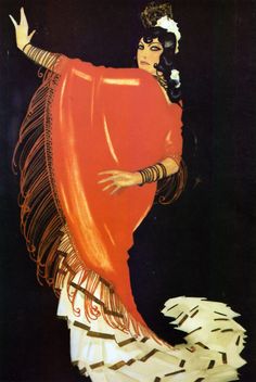 a painting of a woman in an orange dress with feathers on her head and arms outstretched