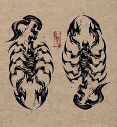 two drawings of scorpions in black ink on brown paper with chinese characters behind them