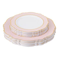 Scallop Disposable Plastic Plates 40 pcs Combo Pack - Pink & Gold-Trimmed Pink Bridal Shower Theme, Wedding Table Cloths, Pink Dessert Tables, Baby Shower Plates, Gold Plastic Plates, Blush Bridal Showers, Disposable Plastic Plates, Modern Plates, Pink Plates