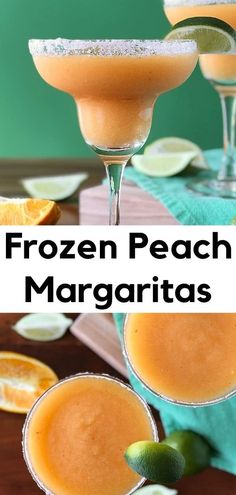 frozen peach margaritas in coupe glasses with lime garnish