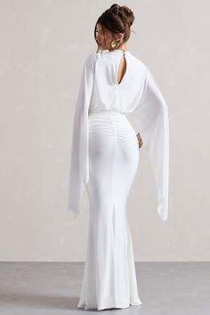 Ethereal Elegance, Club L London, Black Dress Prom, Black Tie Gala, White Maxi Dress, Party Dress Long Sleeve, Ruched Skirt, Cape Sleeves, Bridesmaid Outfit