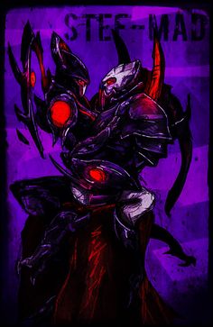 a drawing of a demon with red eyes and horns on it's head, in front of a purple background